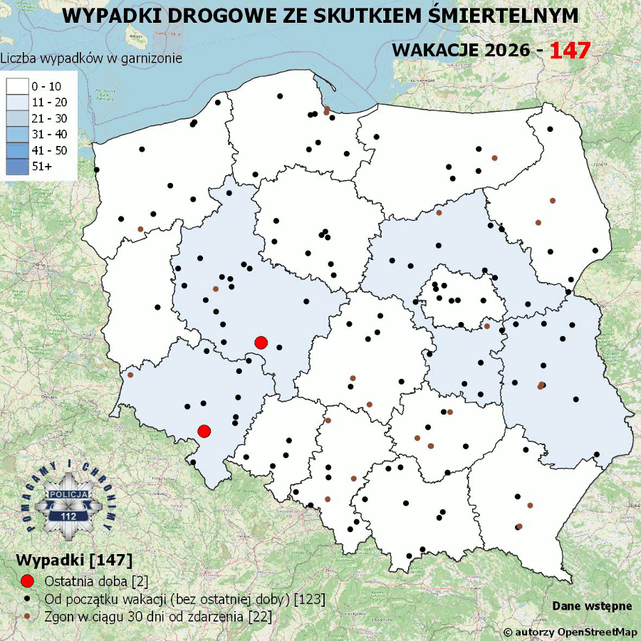 Mapa prezentująca liczbę wypadków poprzedniej doby w Polsce. Prezentowane dane są dostępne w tekście poniżej.